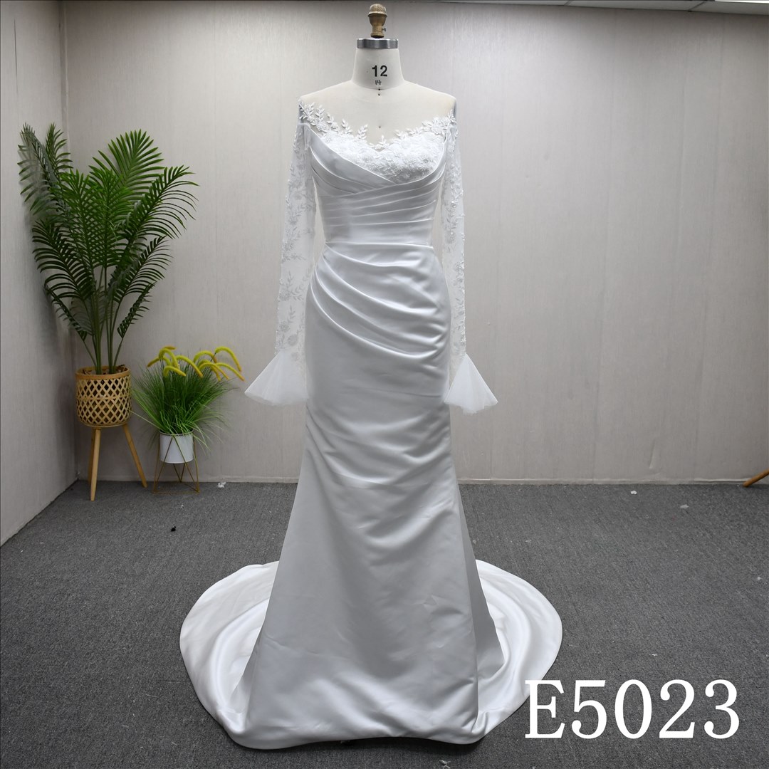 Guangzhou Bridal Gown Factory Off Shoulder Ruched Satin 2 In 1 Mermaid Wedding Dress Detachable Overskirt Long Flare Lace Sleeve Corset Lace Up Back Chapel Train Bridal Gown