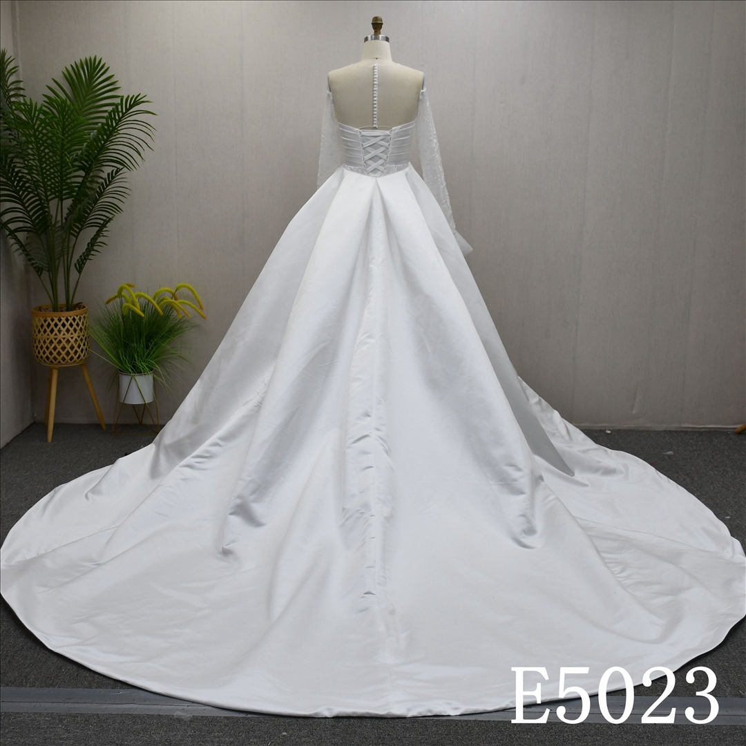 Guangzhou Bridal Gown Factory Off Shoulder Ruched Satin 2 In 1 Mermaid Wedding Dress Detachable Overskirt Long Flare Lace Sleeve Corset Lace Up Back Chapel Train Bridal Gown