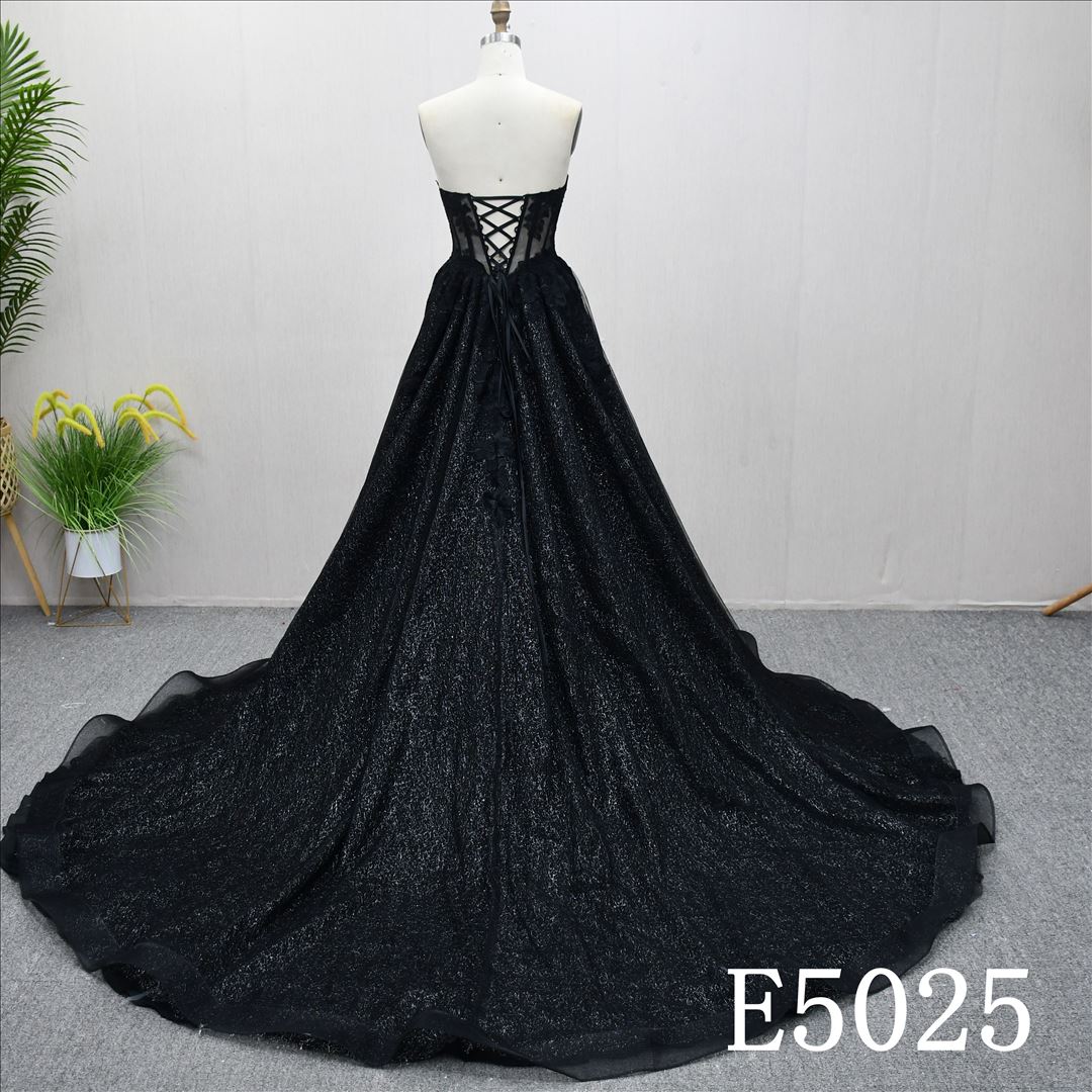 Guangzhou Bridal Gown Factory Black Strapless Sweetheart Prom Dress Glitter Tulle 3D Floral Lace Corset Boned Evening Gown Chapel Train