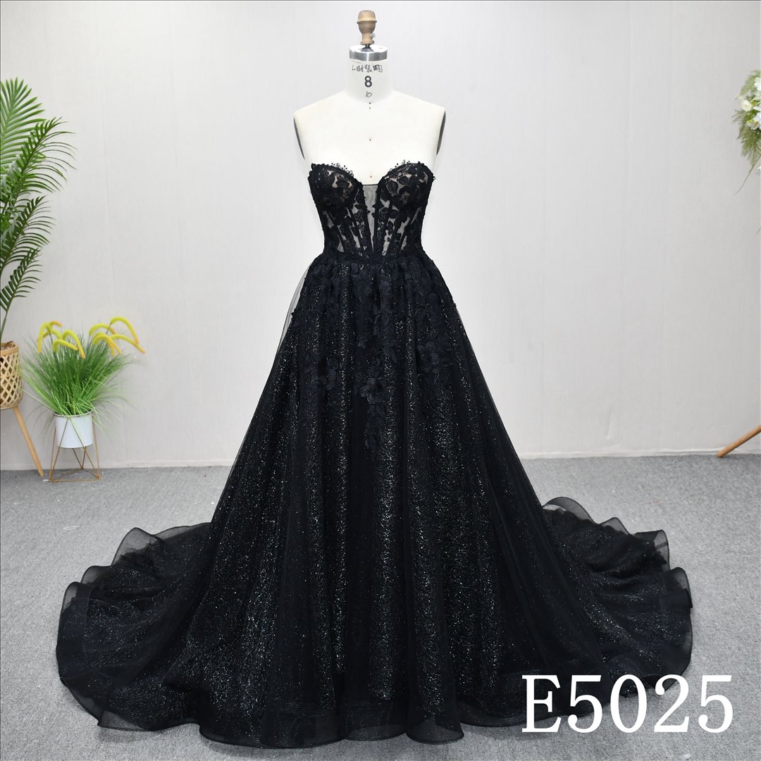 Guangzhou Bridal Gown Factory Black Strapless Sweetheart Prom Dress Glitter Tulle 3D Floral Lace Corset Boned Evening Gown Chapel Train