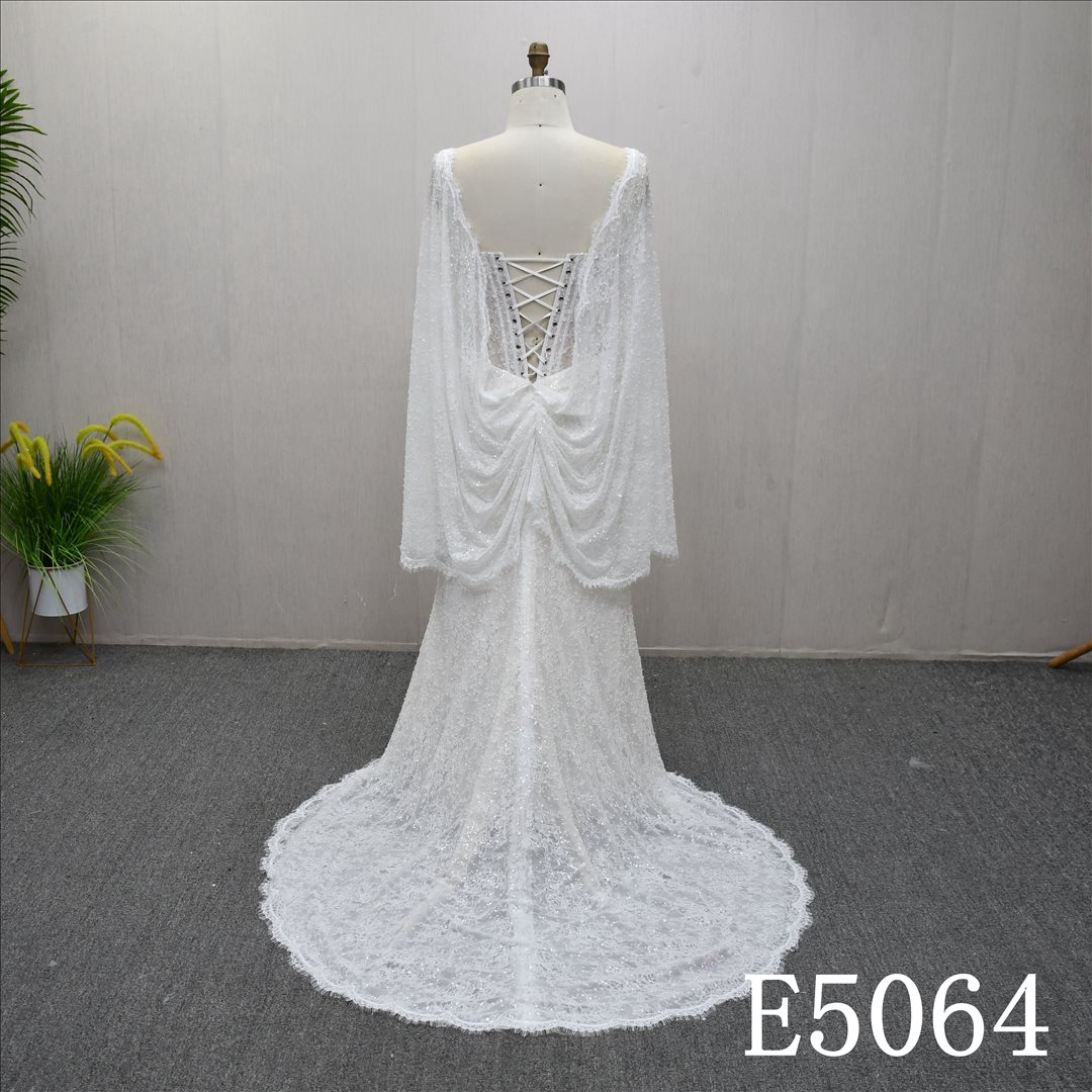 Guangzhou Bridal Gown Factory Deep V Cape Sleeve A-Line Wedding Dress Full Beaded Lace Corset Bridal Gown Draped Lace Up Back Chapel Train