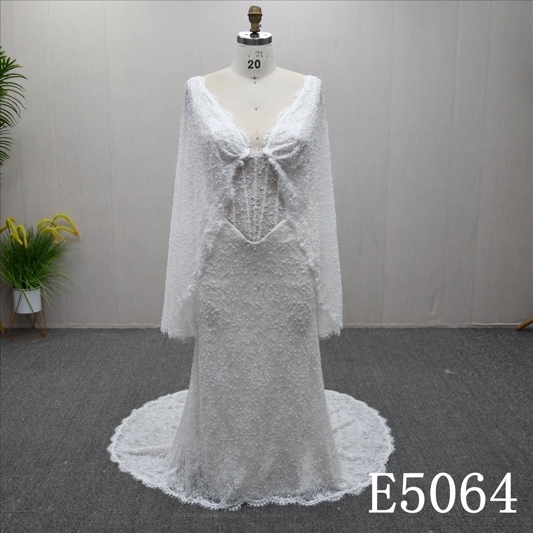 Guangzhou Bridal Gown Factory Deep V Cape Sleeve A-Line Wedding Dress Full Beaded Lace Corset Bridal Gown Draped Lace Up Back Chapel Train