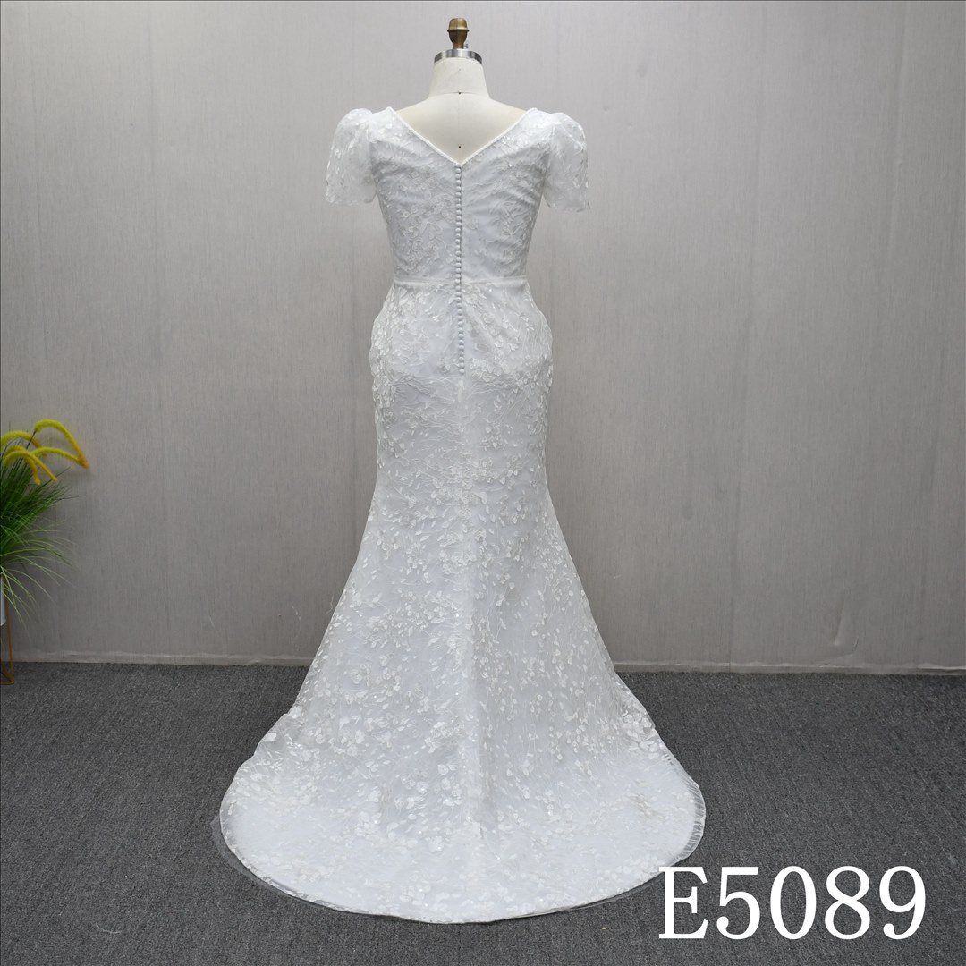 Guangzhou Bridal Gown Factory V Neck Puff Short Sleeve Mermaid Wedding Dress 3D Floral Lace Bridal Gown Sash Tie Pearl Button Back Sweep Train