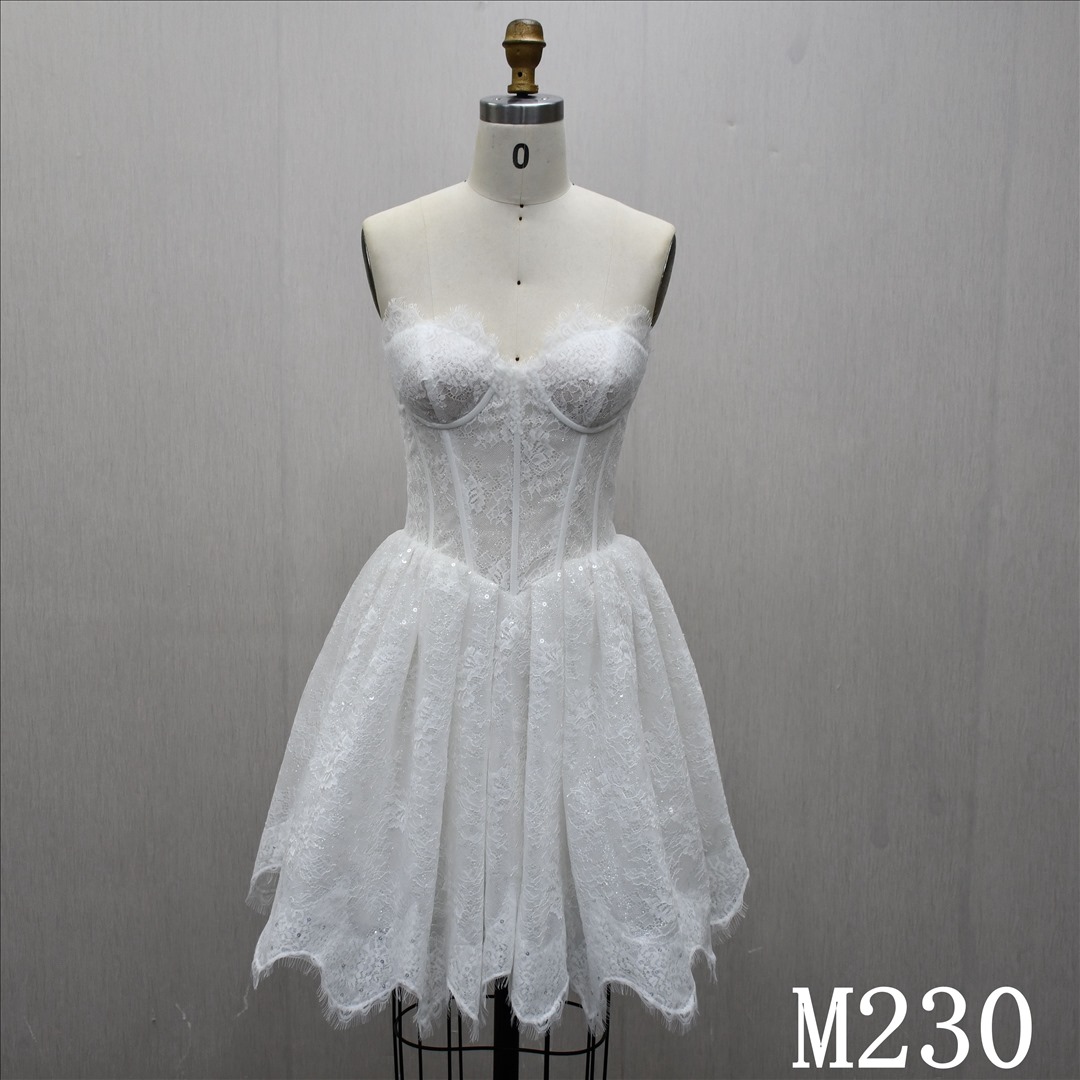 Guangzhou Bridal Gown Factory Strapless Sweetheart Lace Mini Wedding Dress Boned Corset Short Bridal Gown Zipper Back