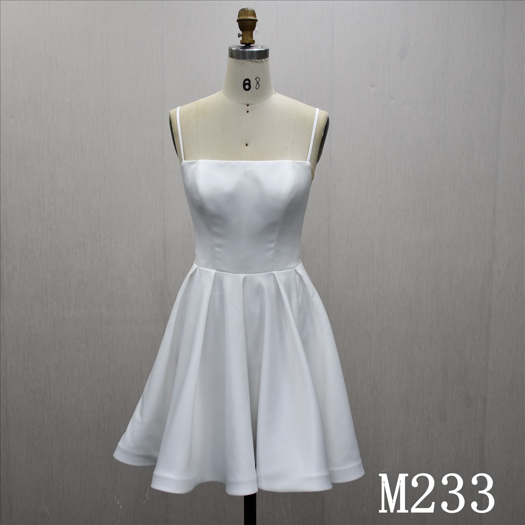 Guangzhou Bridal Gown Factory Square Neck Spaghetti Strap Satin Mini Wedding Dress A Line Short Bridal Gown Zipper Back