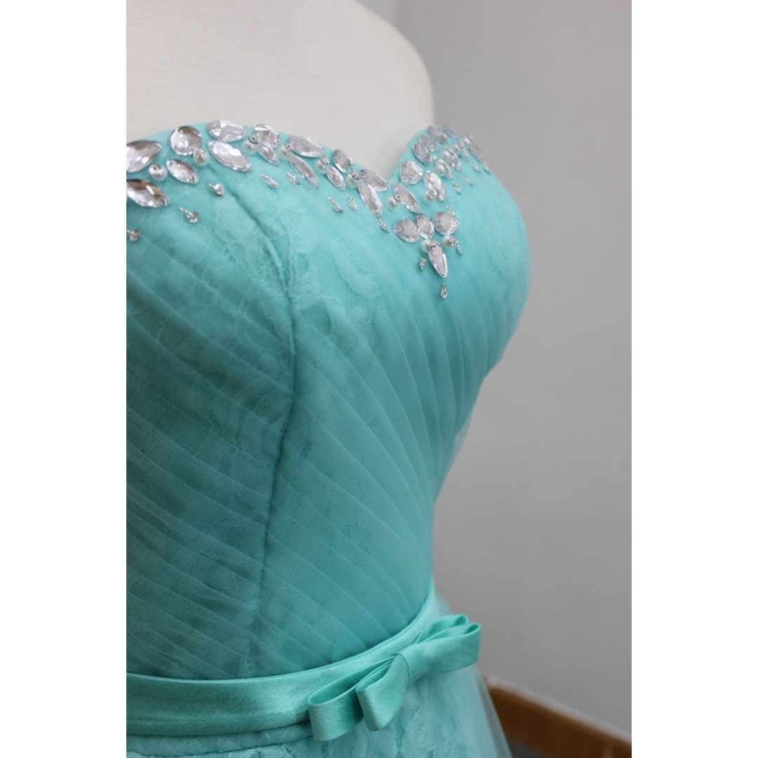 Mint color sweetheart Neckine With beading and pleats details evening dress