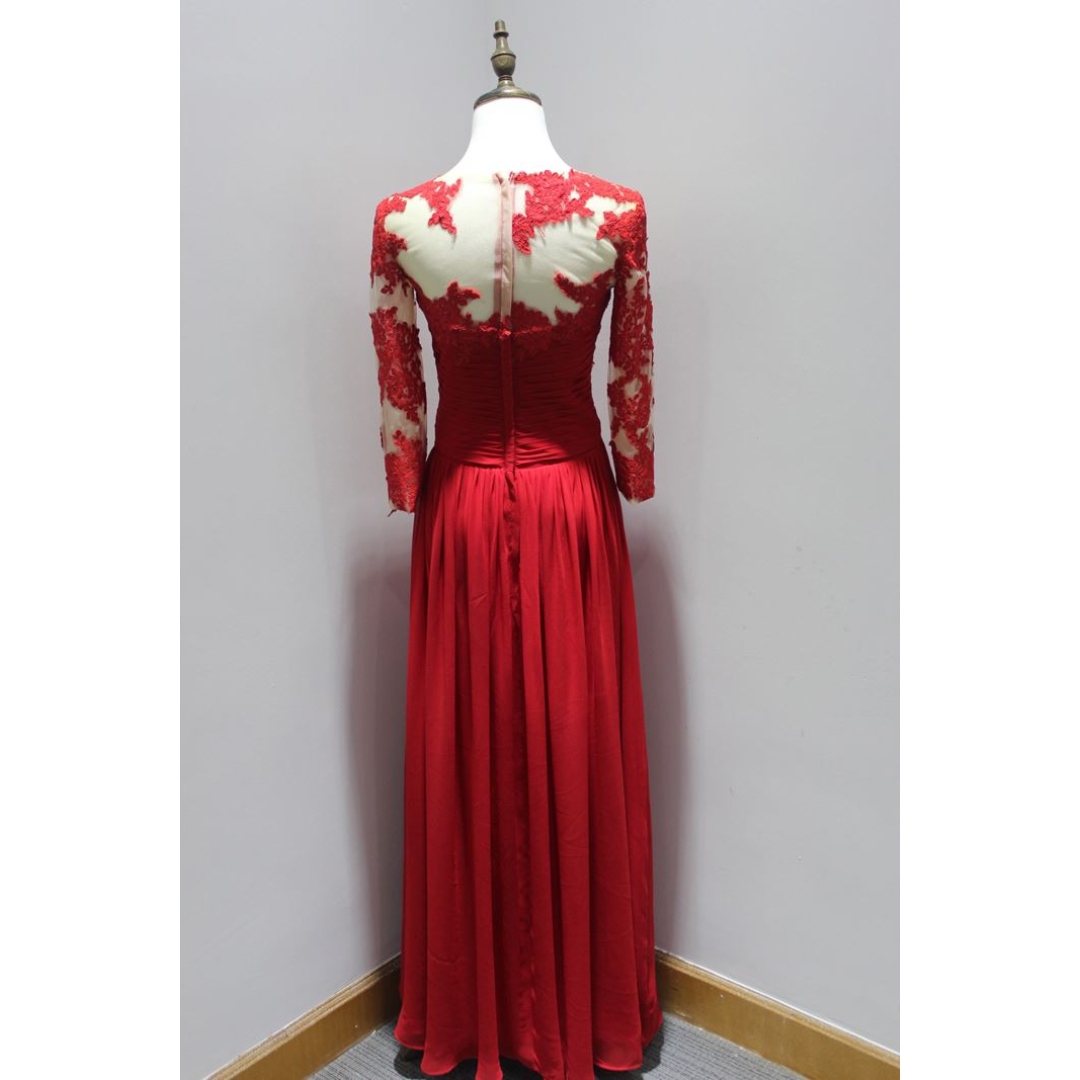 Rose red color lace details long sleeves evening dress