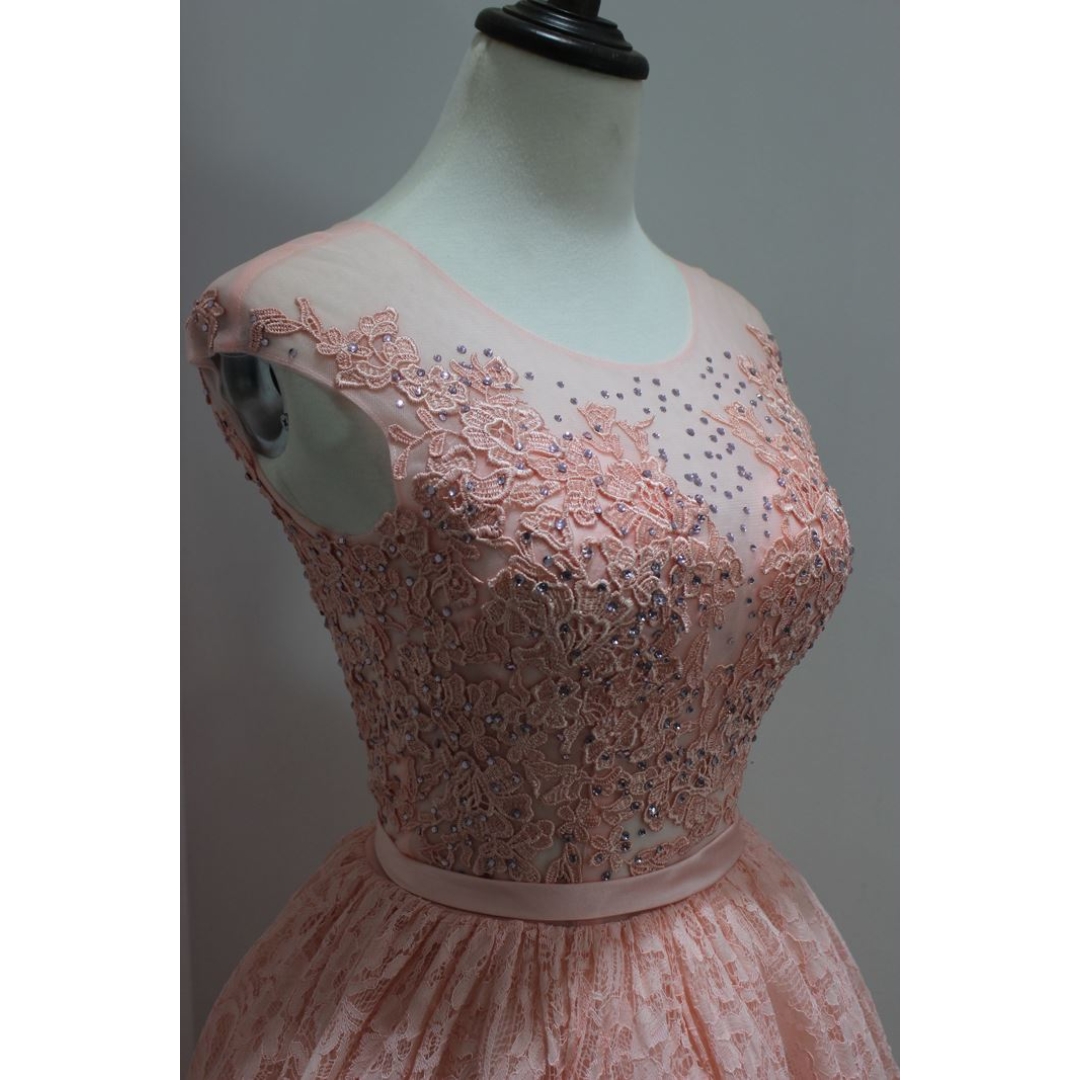 Pink color cap sleeves cocktail dress with lace and beading details