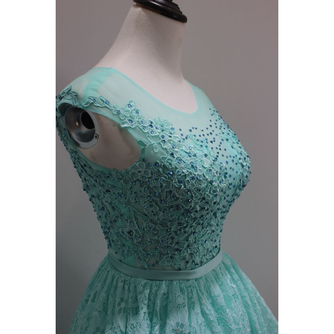 mint color cap sleeves cocktail dress with lace and beading details