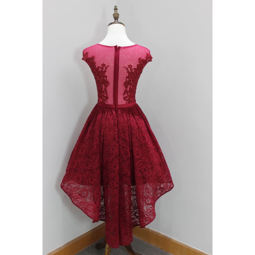 Red rose color cap sleeves cocktail dress with lace and beading details
