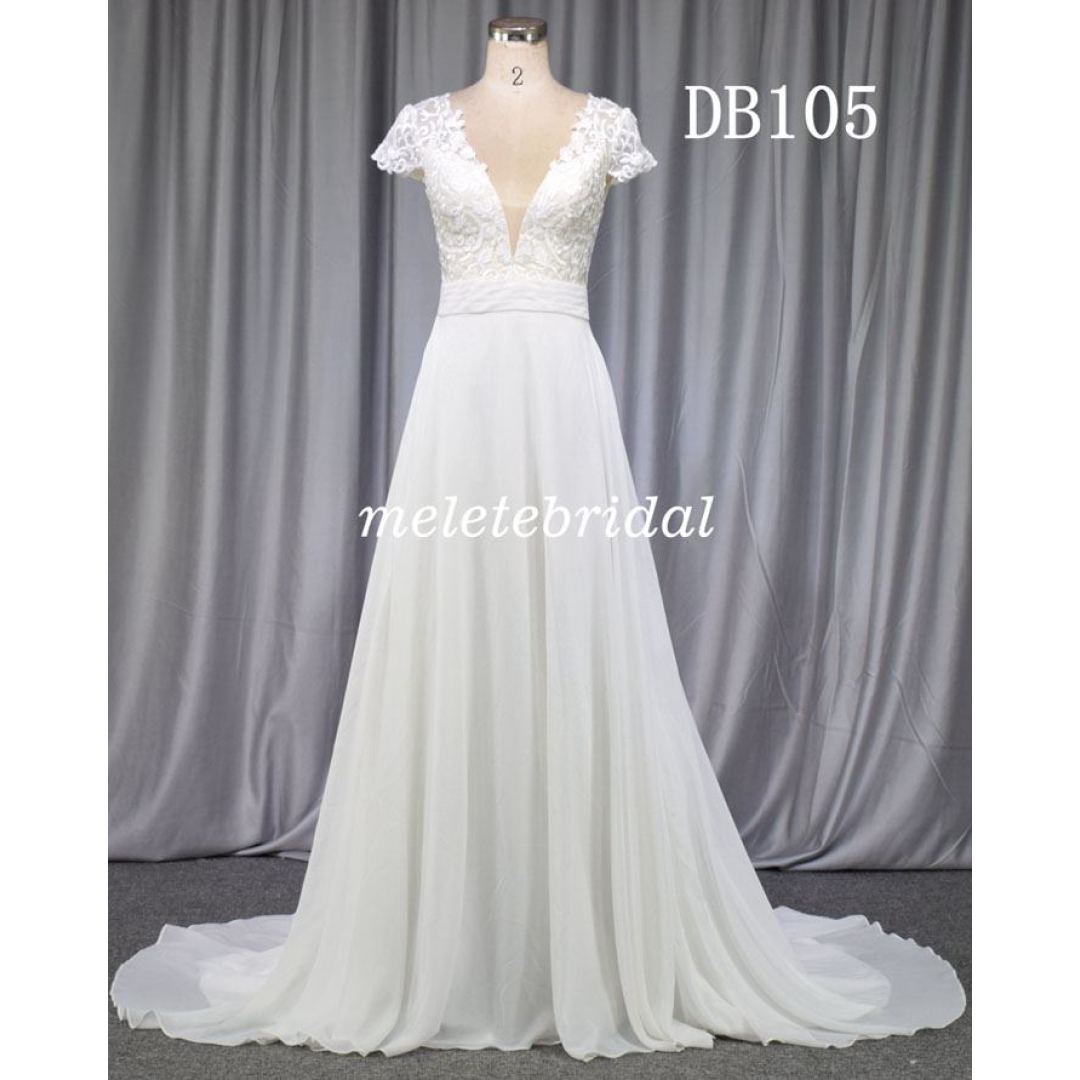Elegant chiffon bridal gown with lovely cap sleeves