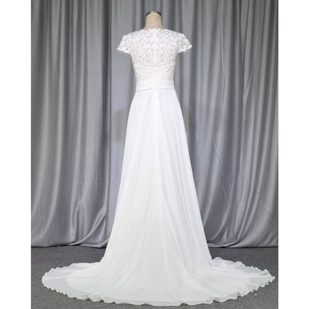 Elegant chiffon bridal gown with lovely cap sleeves