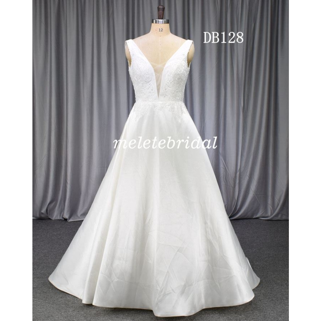 Elegant design mikado fabric with lace bridal gown