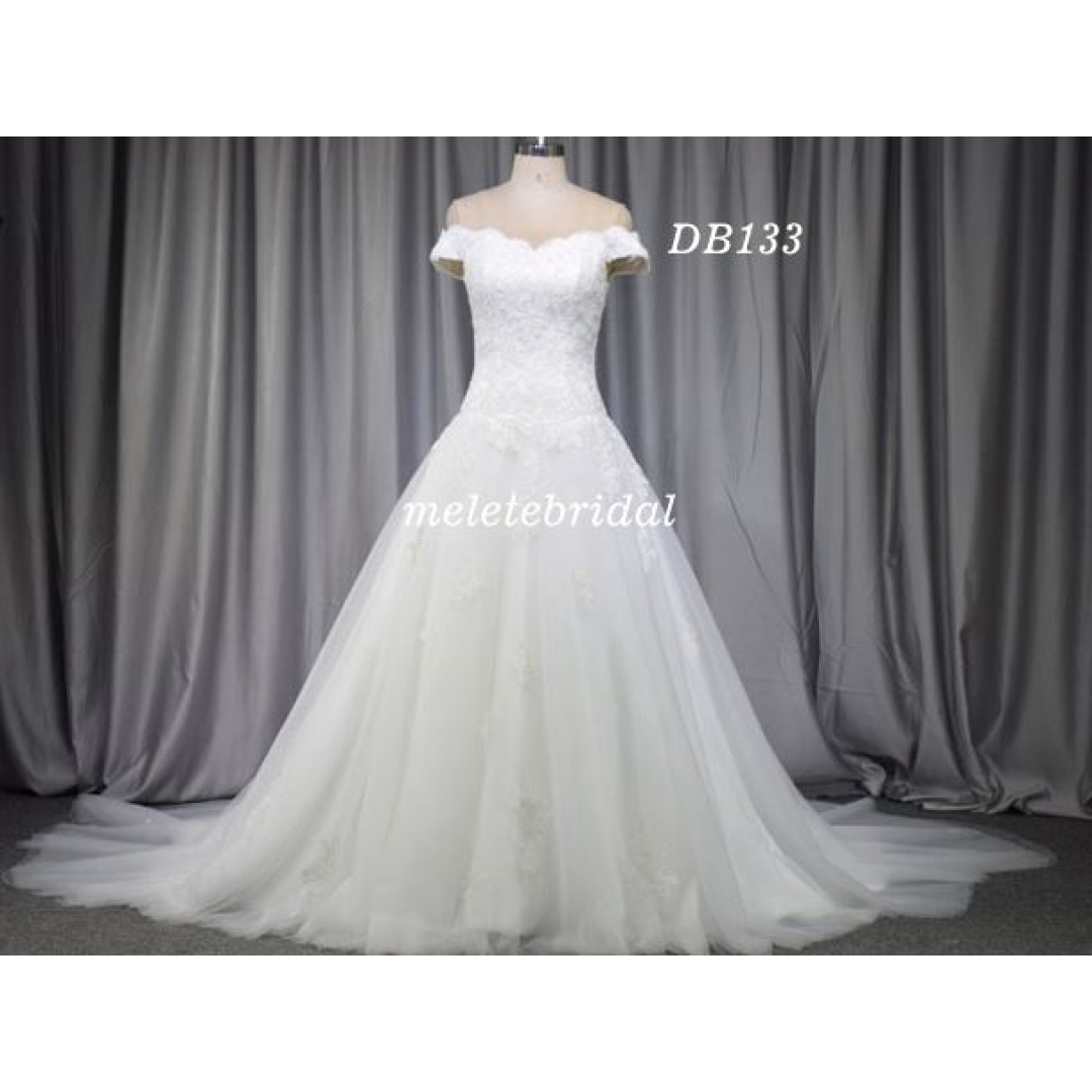 Short sleeves lace applique princess style wedding gown
