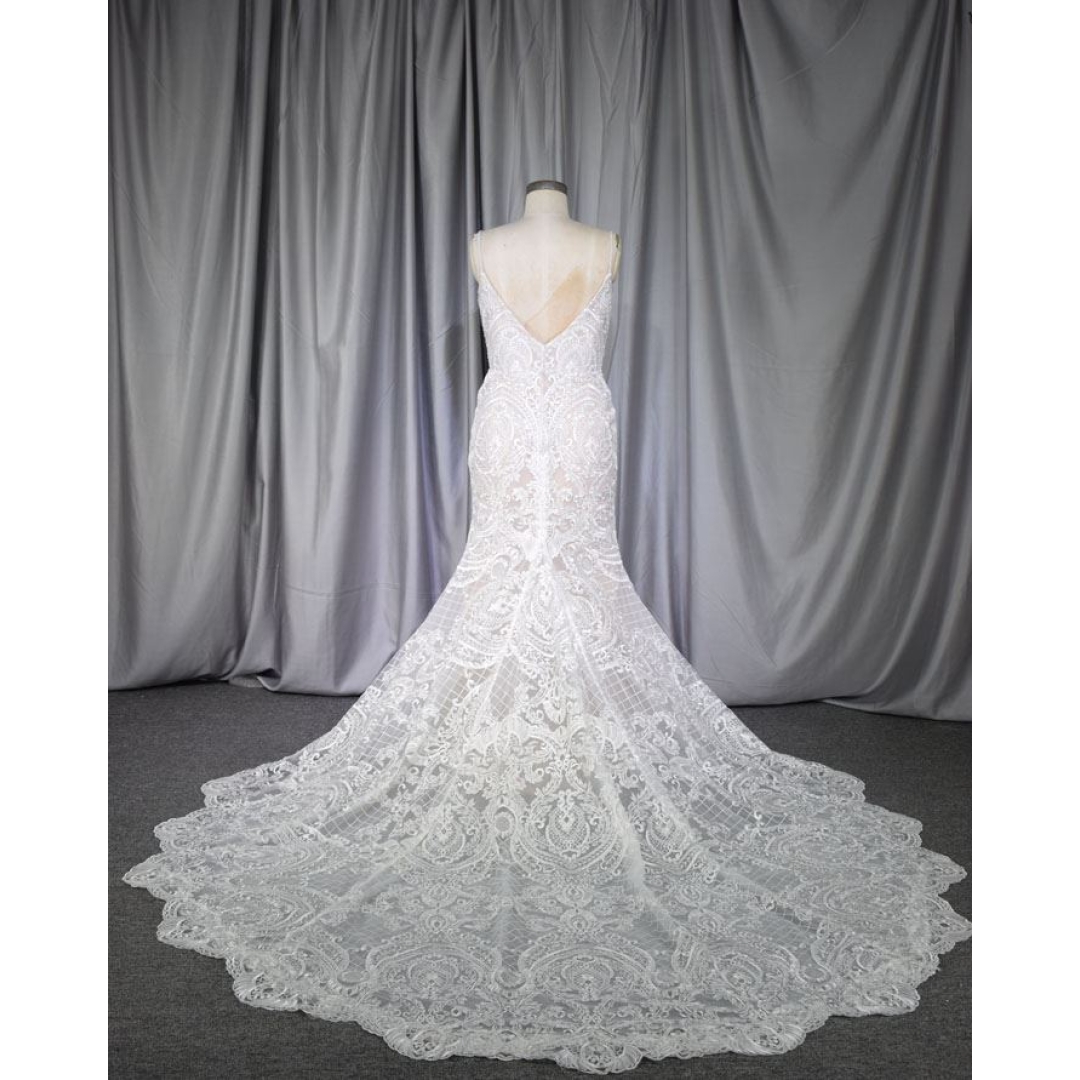 champagne color satin umder the ivory lace mermaid bridal gown