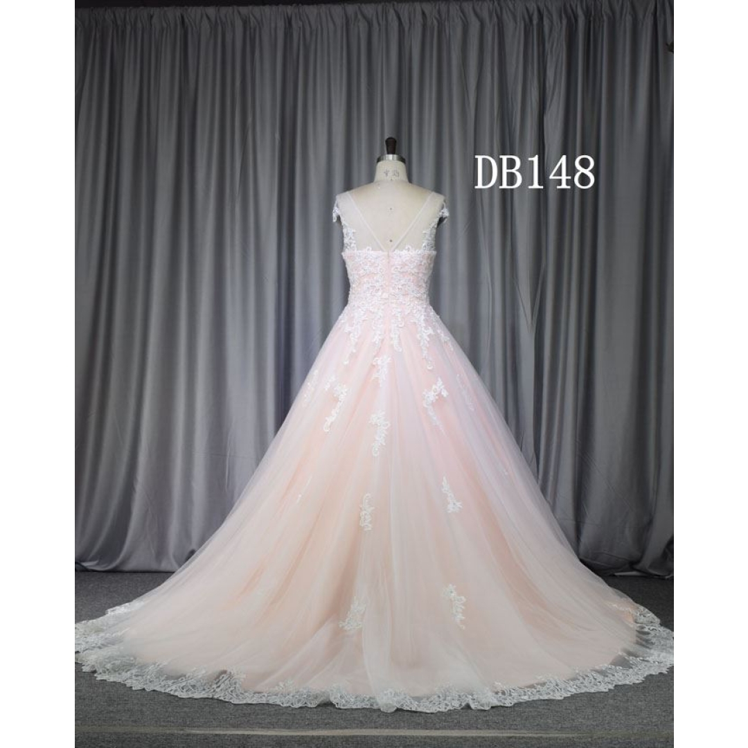 Pink color plus size bridal gown with cap sleeves