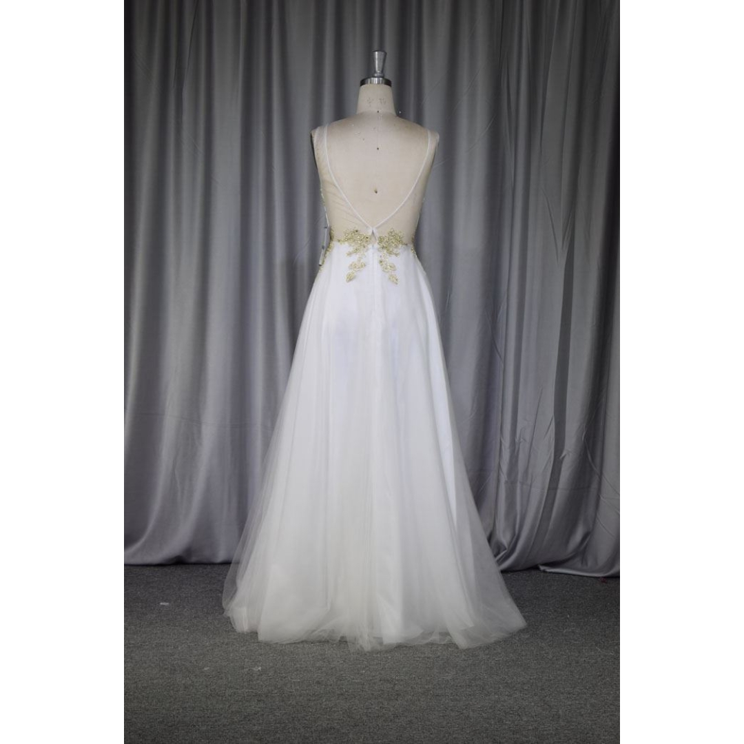 V Neckline gold Lace A line bridesmaid gown