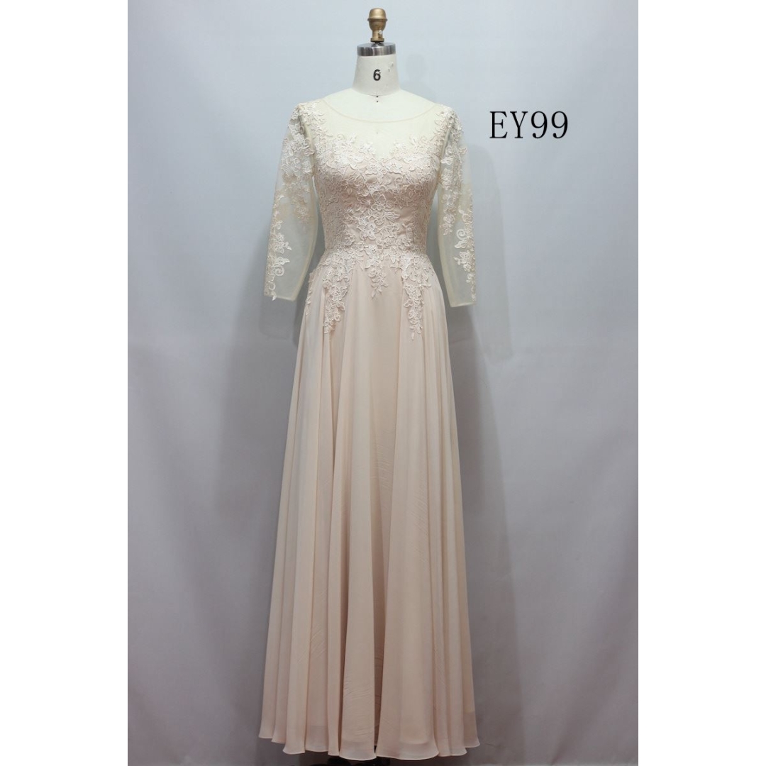 Lace upper chiffon skirt long sleeves bridesmaid gown
