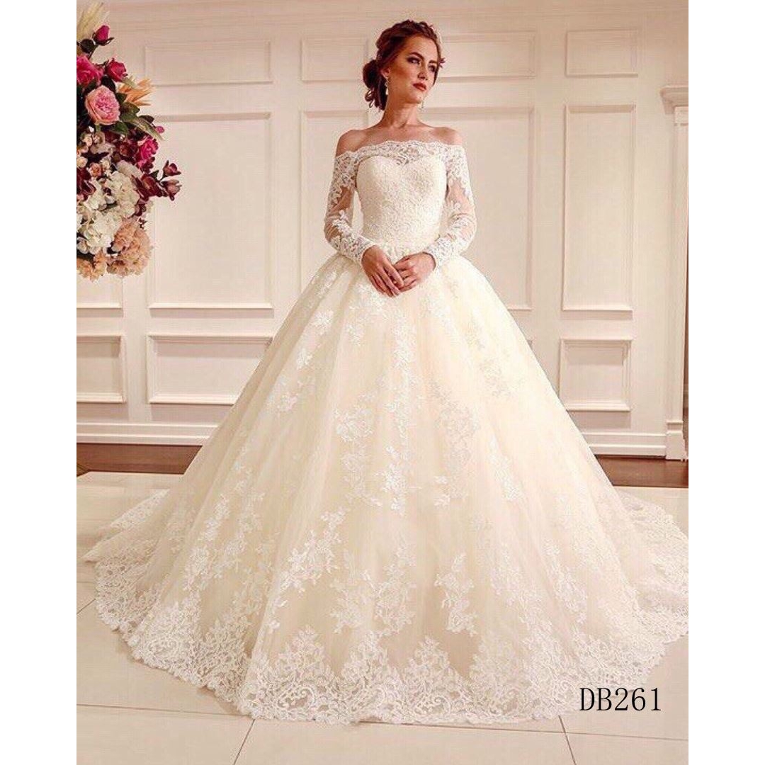 Custom made princess style straight neckline wedding dress with long sleeves hot sell