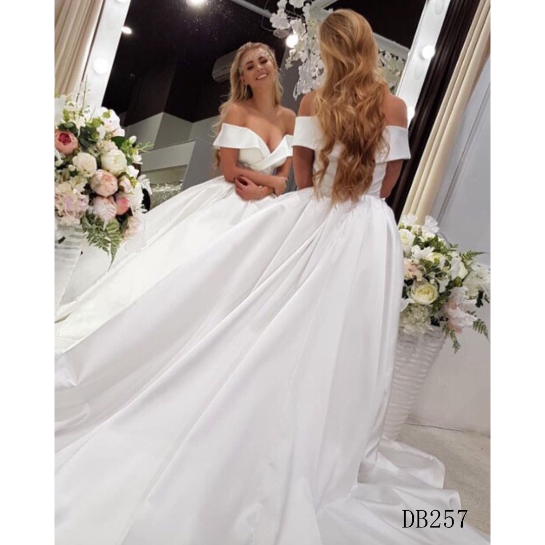 A line satin off shoulder  bridal gown