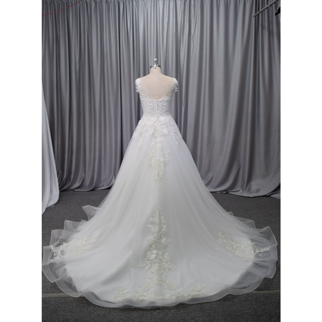 Bodice with clear beadingwork cap sleeves lace applique bridal gown