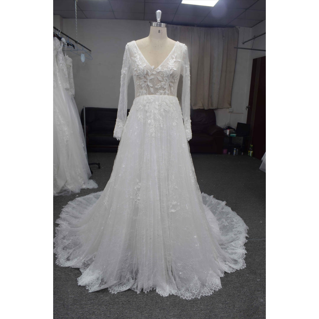 Boho Long sleeves lace bridal gown custom made wedding dress