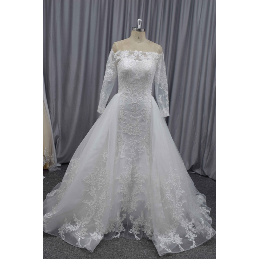 Fashion Design long sleeves straight neckline wholesale price wedding dress