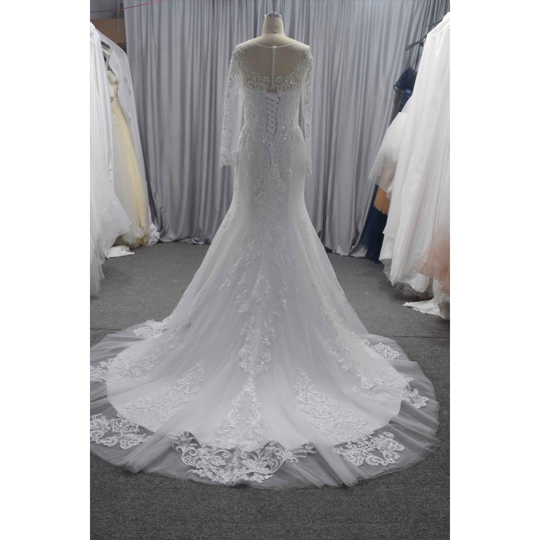 Long sleeves lace mermaid wedding dress with big detachable train