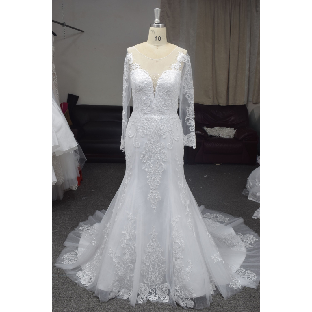 Long sleeves lace mermaid wedding dress with big detachable train