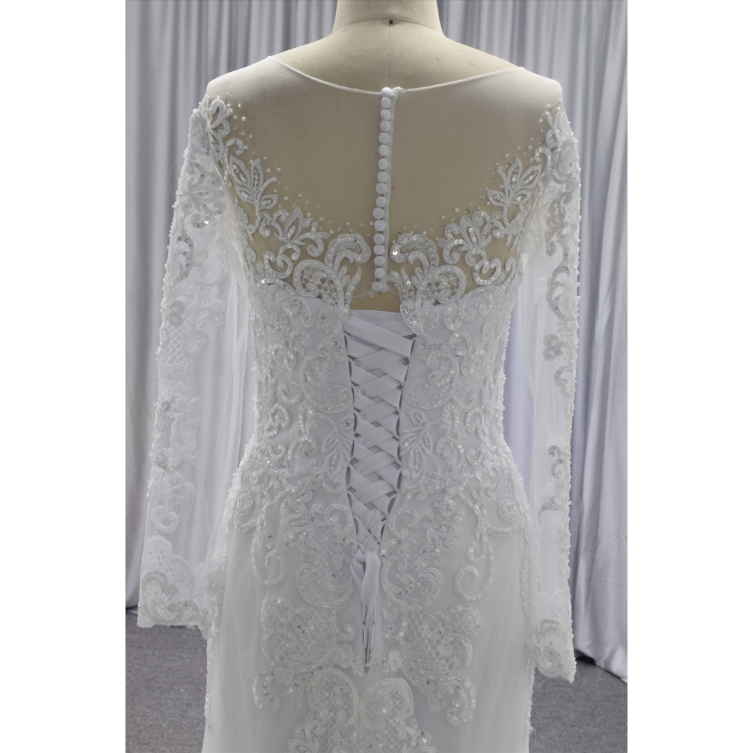 Long sleeves lace mermaid wedding dress with big detachable train
