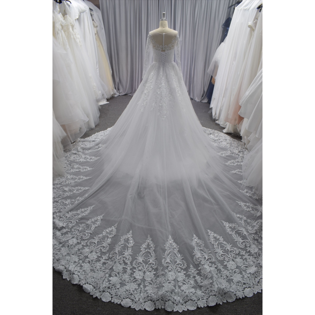 Long sleeves lace mermaid wedding dress with big detachable train