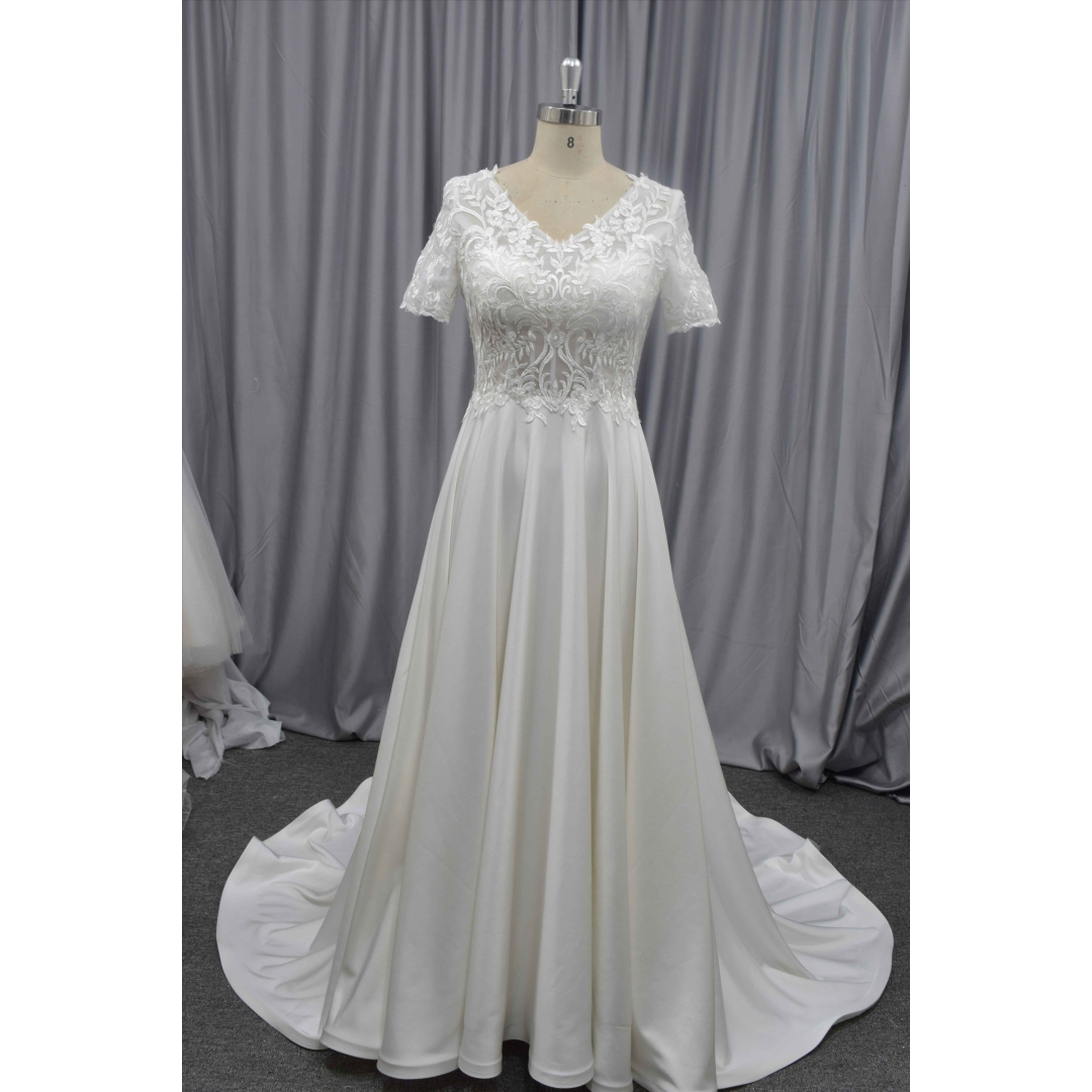 A line short sleeves simple wedding dress lace dress