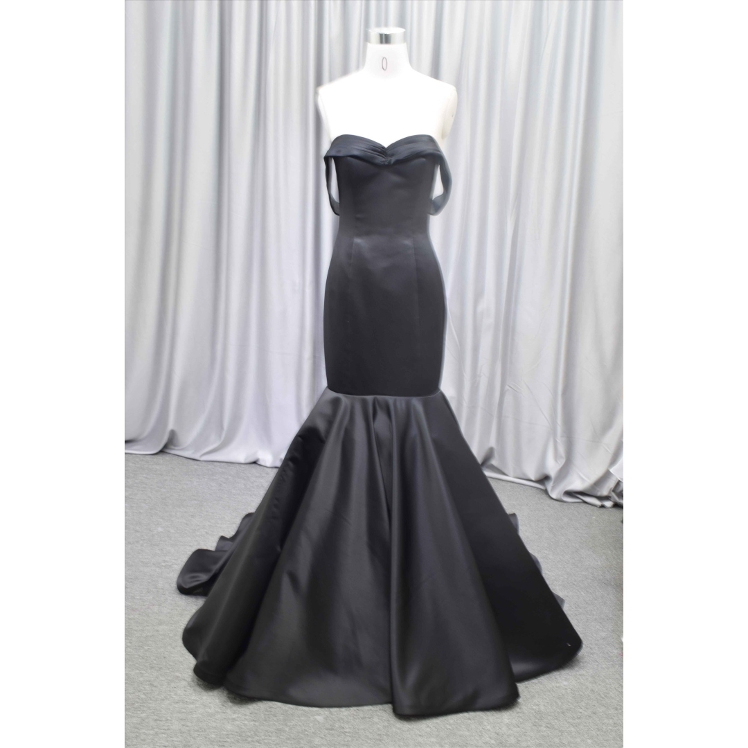 Black color wedding dress satin mermaid off shoulder bridal gown