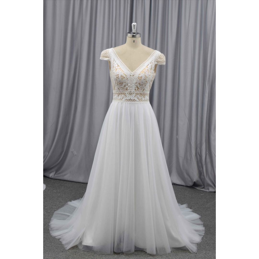 Boho wedding dress V neckline bridal gown