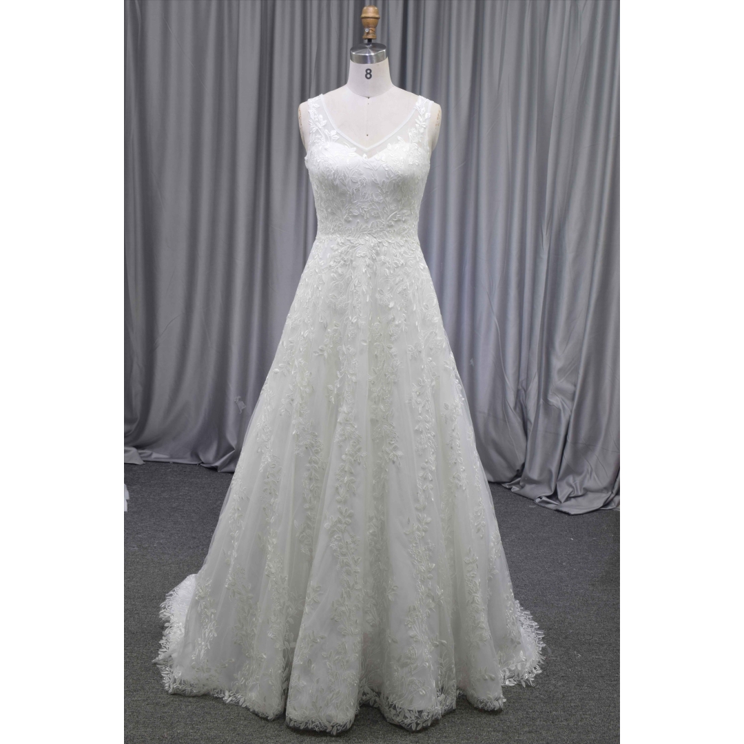 V neckline A line brilliant lace wedding dress