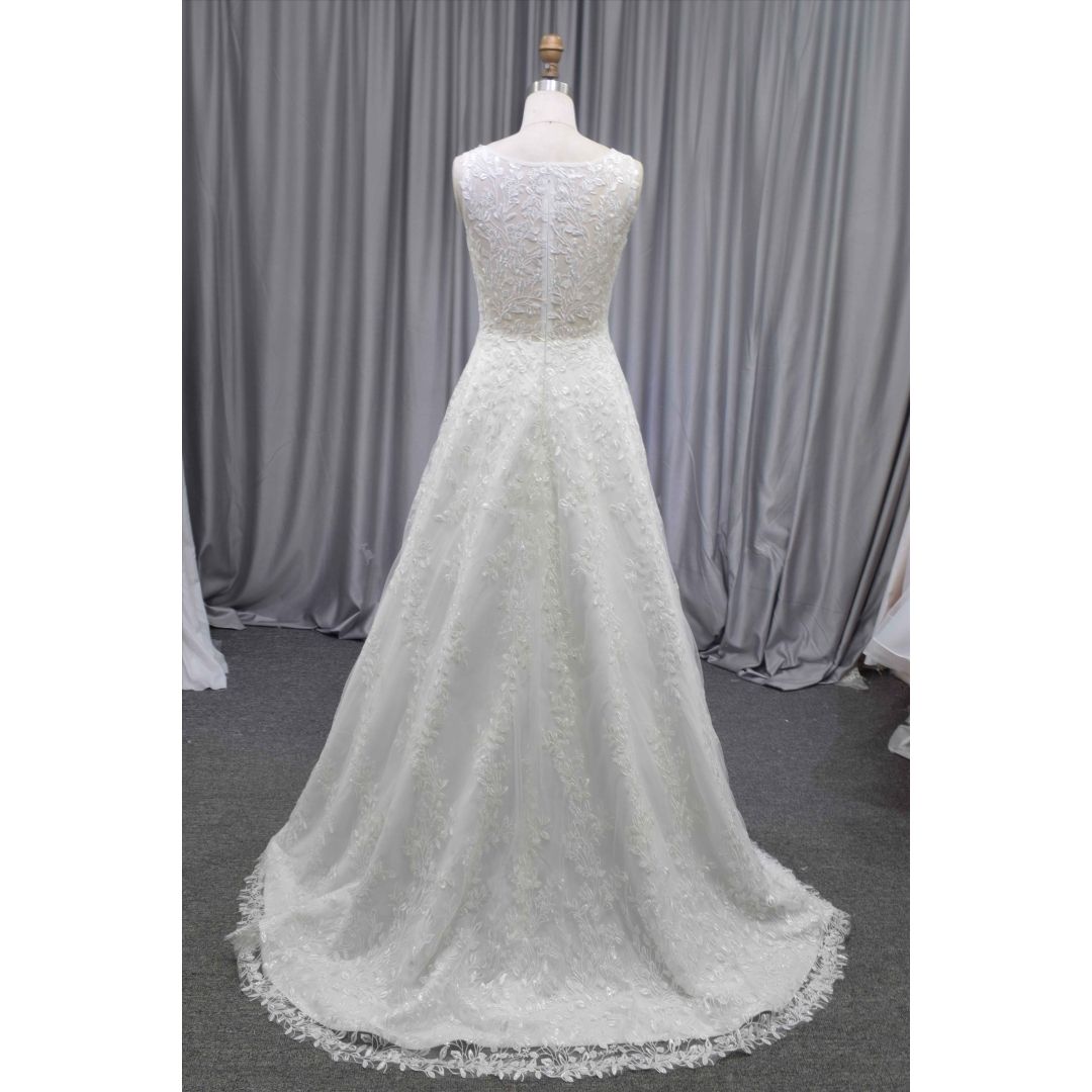 V neckline A line brilliant lace wedding dress