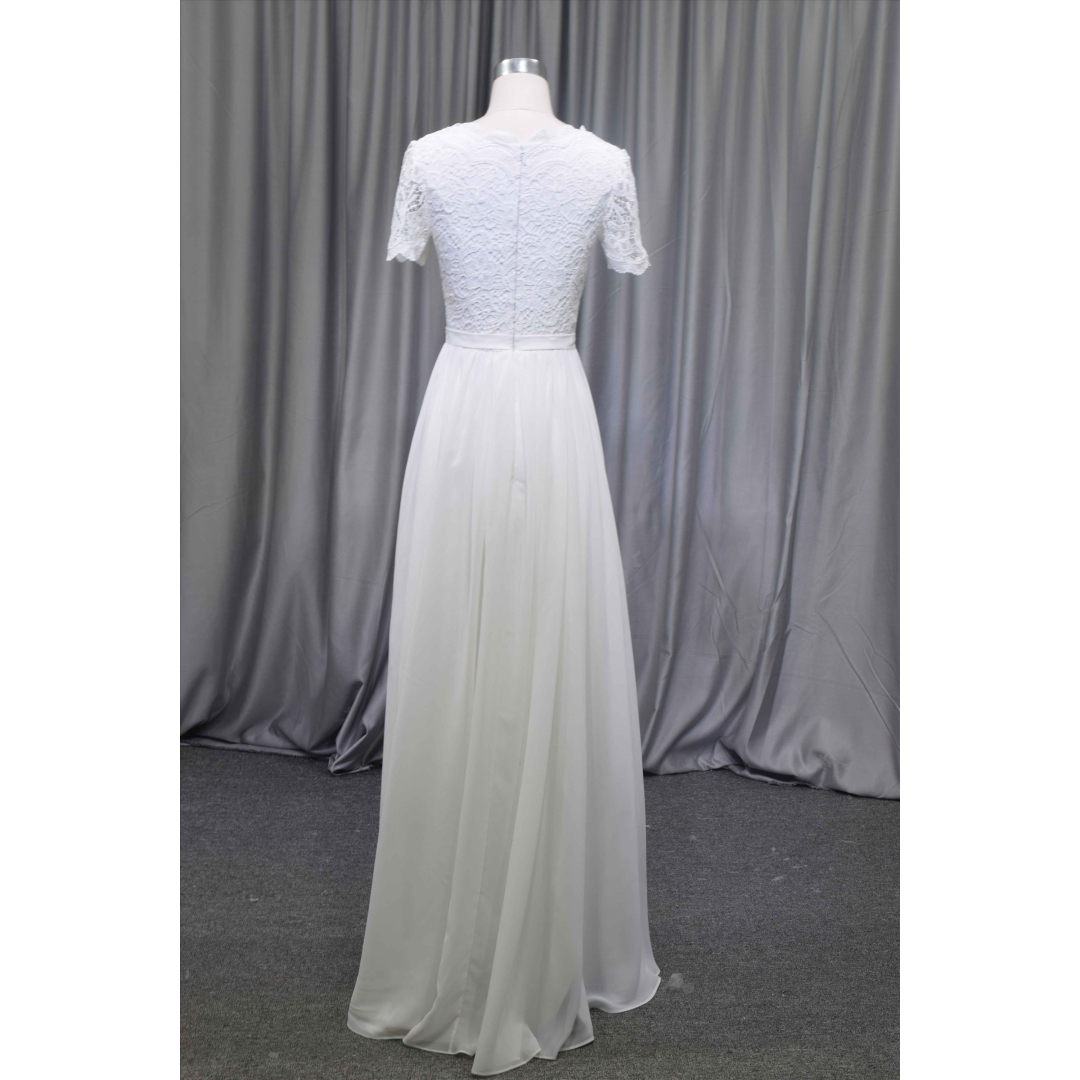 Short sleeves V neckline light chiffon gown wholesale price bridal gown