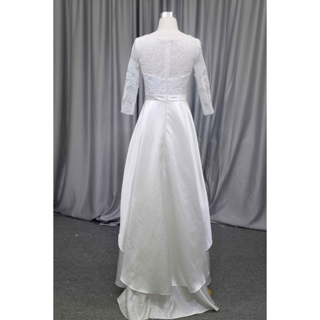 3/4 sleeves illusion neckline satin gown wholesale price bridal gown