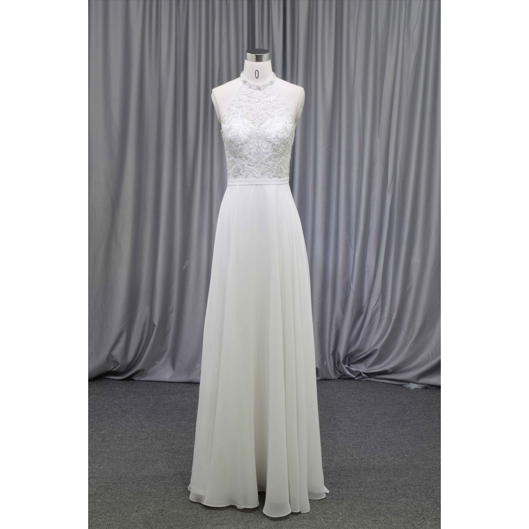 New deisgn illusion neckline chiffon bridal dress wholesale price bridal gown