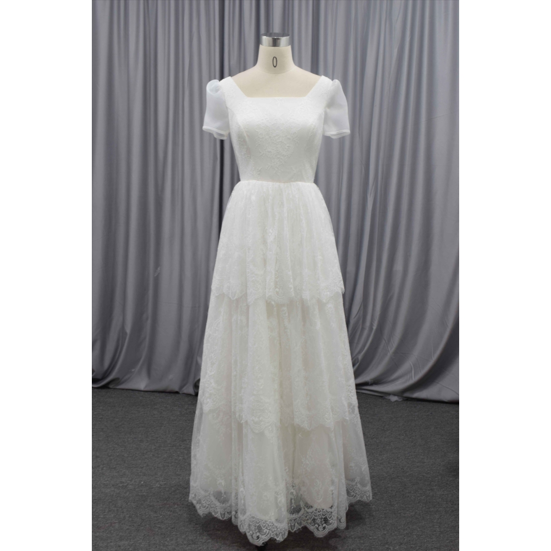 Lolita style pretty design short sleeves 3 layers lace bridal gown