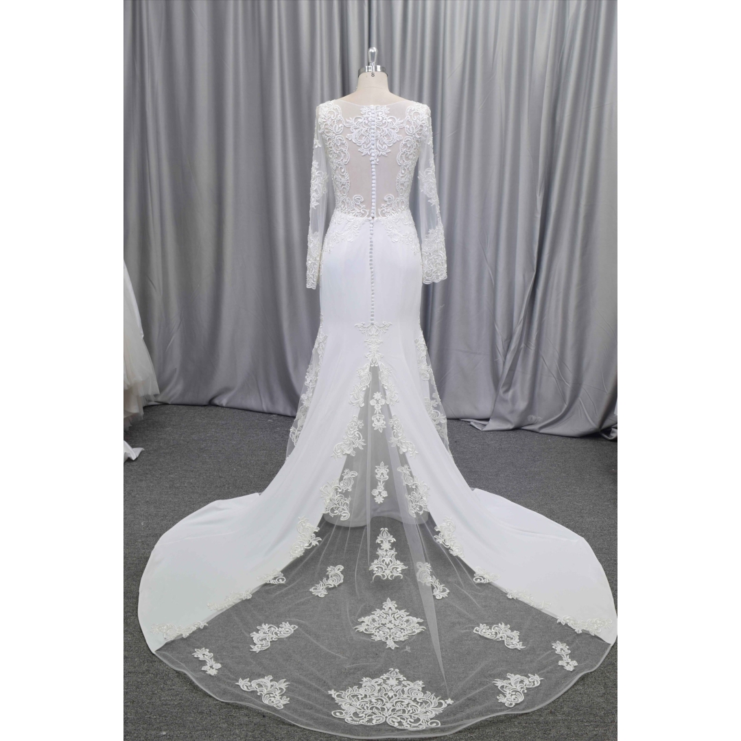 Crepe fabric long sleeves mermaid gown new design wedding dress