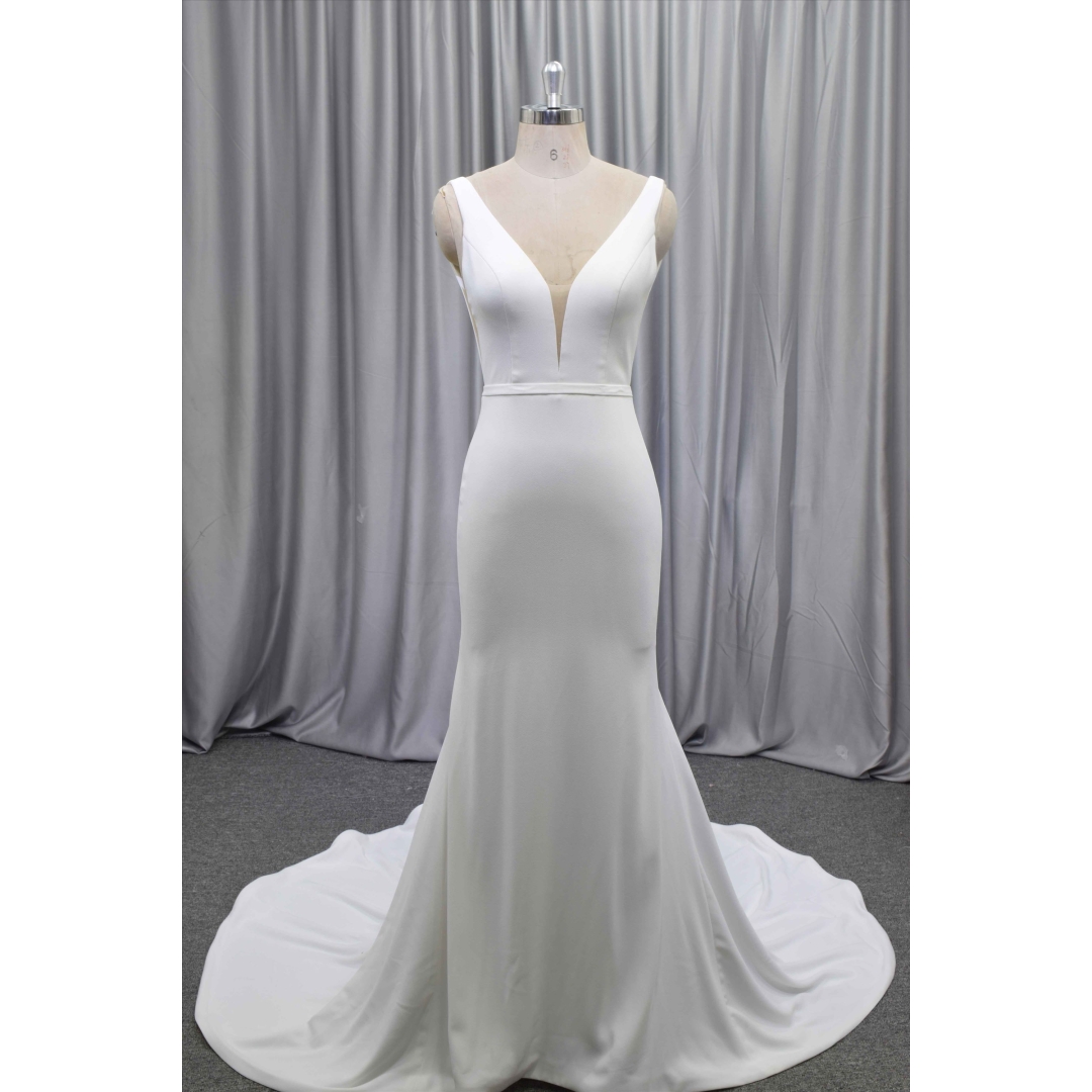 V neckline night back crepe fabric wedding dress