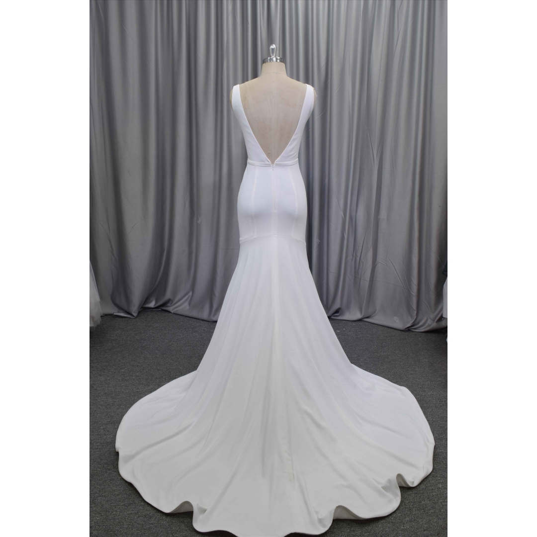 V neckline night back crepe fabric wedding dress