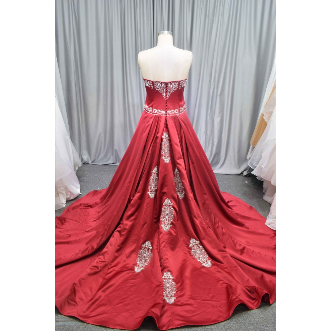 Red color satin dress embroidery lace A line bridal gown