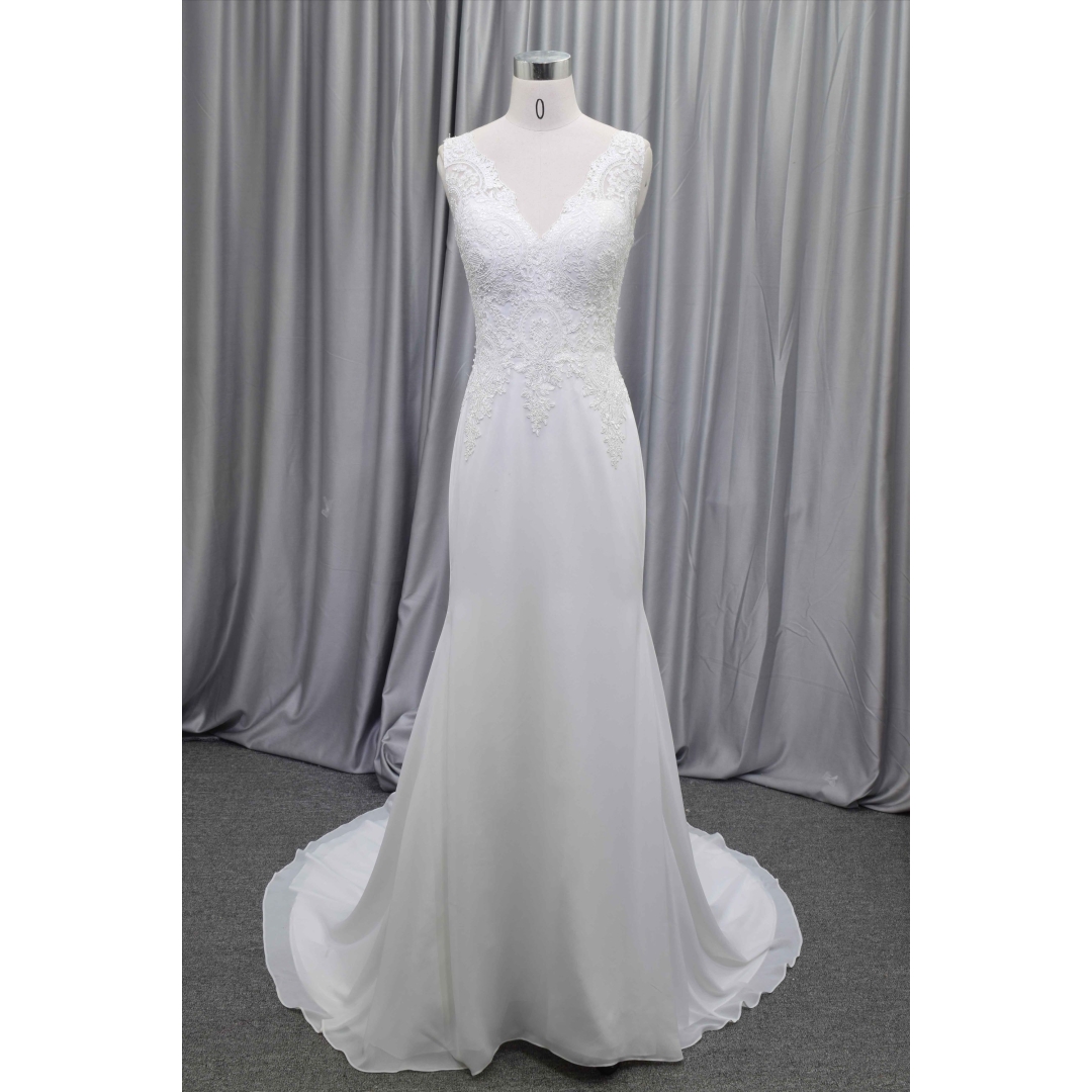 Sheath chiffon elegant wedding dress lace illusion straps bridal gown