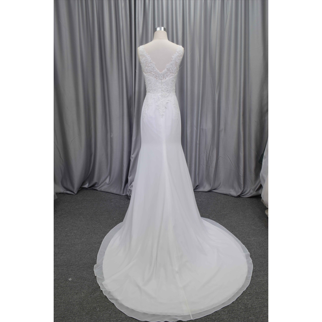 Sheath chiffon elegant wedding dress lace illusion straps bridal gown