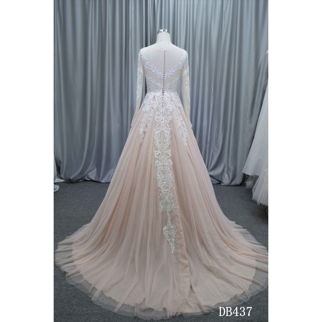 Popular blush color illusion bodice ball gown wholesale price bridal gown