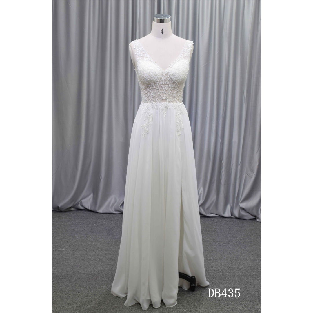 Illusion bodice chiffon skirt open skirt A line bridal gown