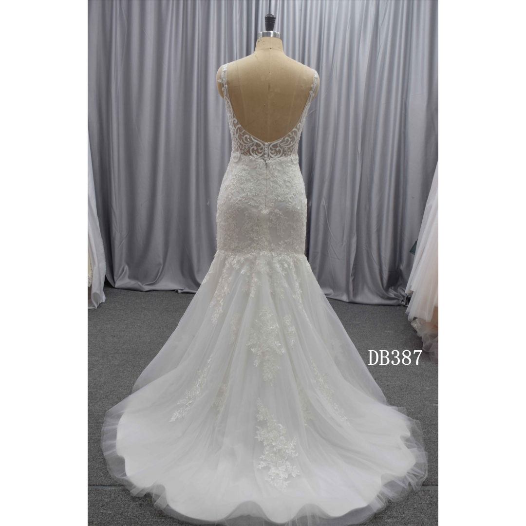 V neckline mermaid bridal gown custom made wedding dress