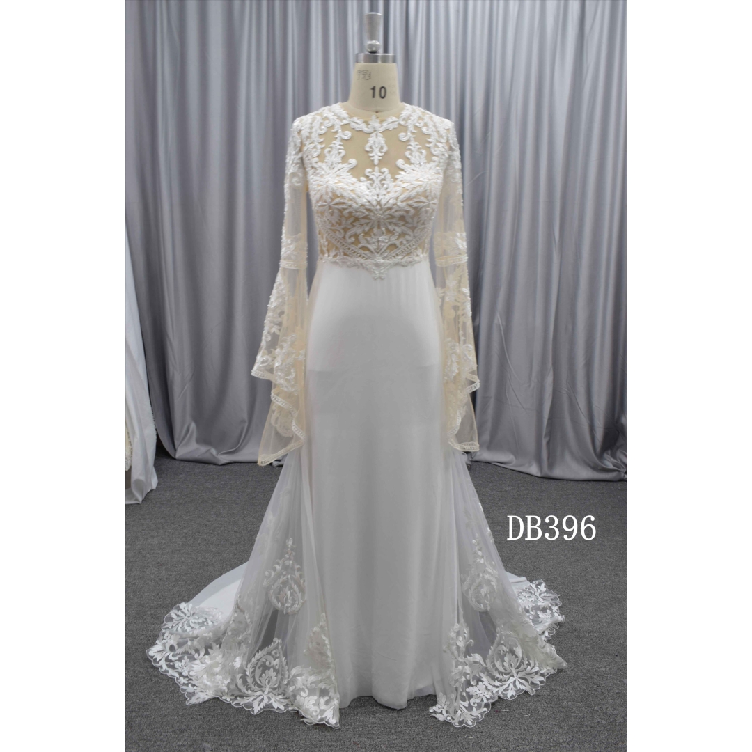 Trumpet sleeves Boho wedding dress with keyhole back